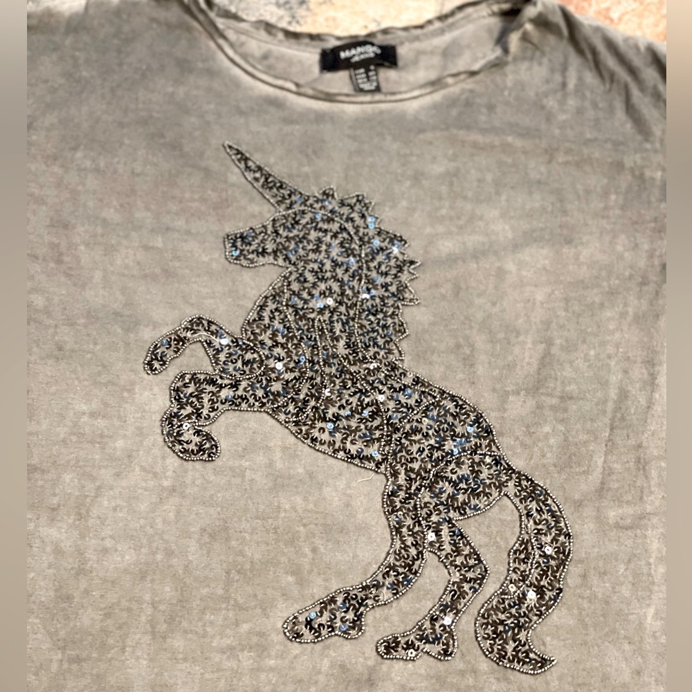 Unicorn sequins tee by Mango Jeans. Made in India. Distressed
